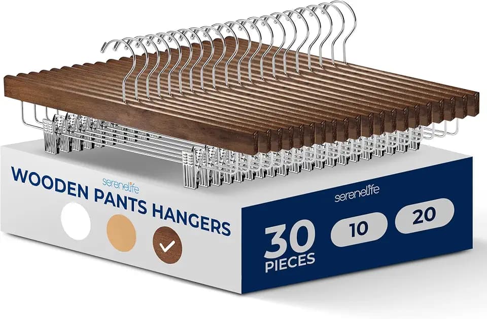 SereneLife 30 Pack Skirt and Pant Hanger with Adjustable Non-Slip Steel Clips, Premium Wooden, 360° Swivel Hook & 10 lb Capacity – Space-Saving Heavy-Duty Hangers for Jeans, Shorts & Slacks (Brown)