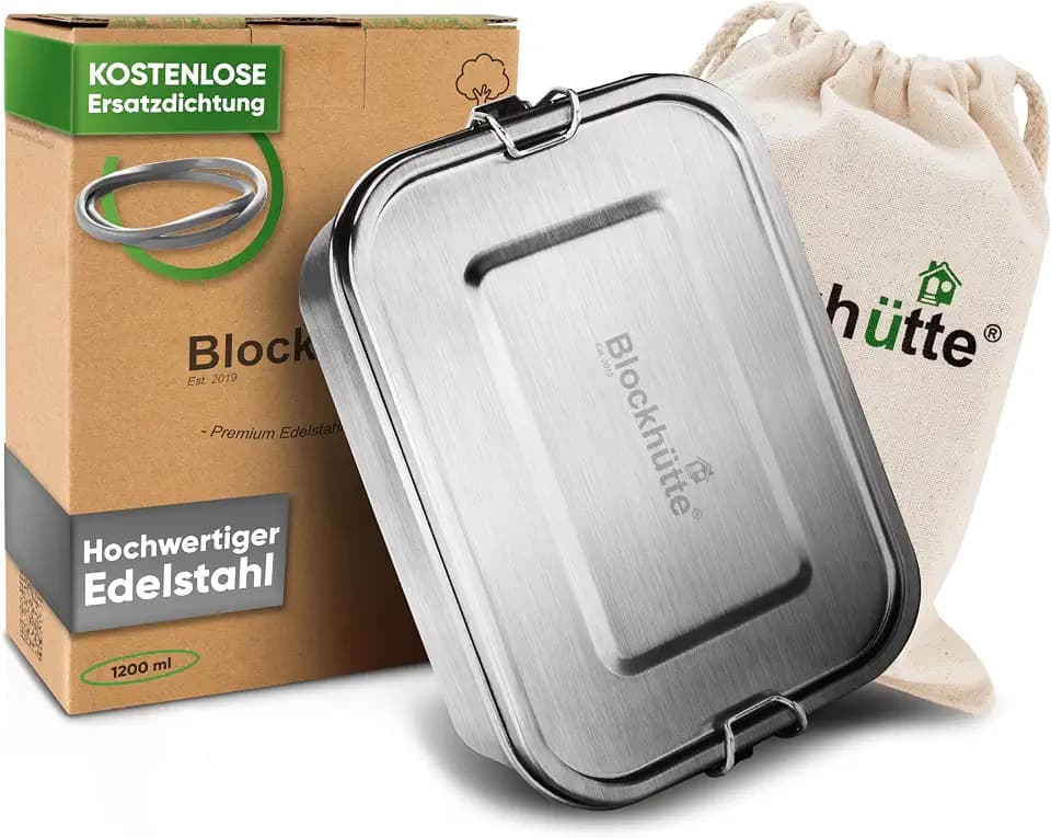 Blockhütte Premium Edelstahl Brotdose I 1200ml I für Kinder inkl Fächern und Ersatzdichtung, Die Bento Box mit Trennwand ist auslaufsicher, Brotzeitdose klein