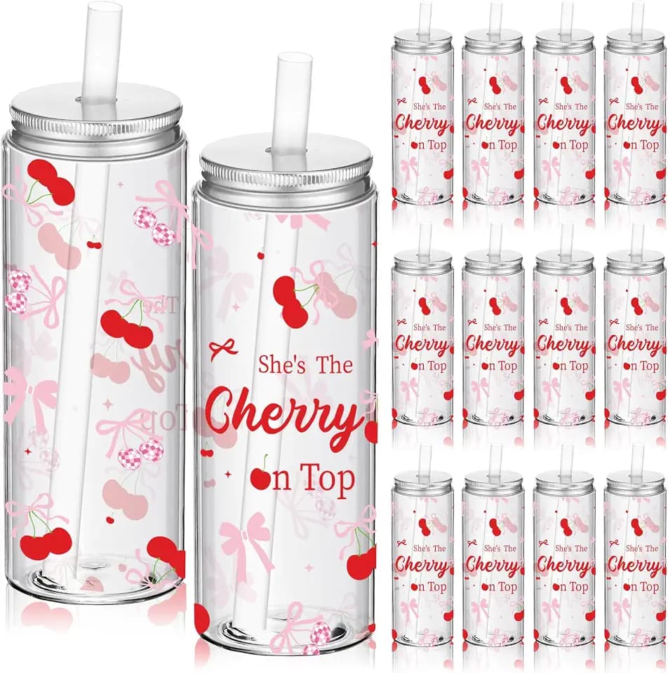 Funnymoom 12 Pcs Cherry Pink Bow Plastic Cups with Lids and Straws Reusable Drinking Plastic Bottle for Cherry Birthday Party Decorations She's Ready to Pop Baby Shower Supplies