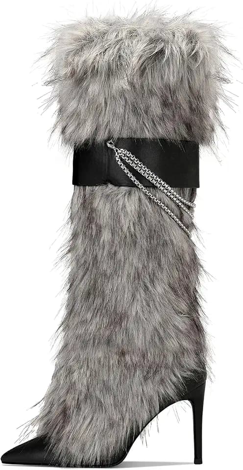 Womens Knee High Fur Boots Pointed Toe Stiletto Boots White