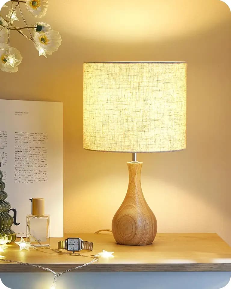 Small Table Lamp, Wood Desk Lamp with Beige Linen Lampshade & Natural Wood Bottle-Shaped Base, Modern Bedside Lamp with Cable, E26 Base, Bulb Not Included, for Bedroom, Kid's Room, ME09TL05