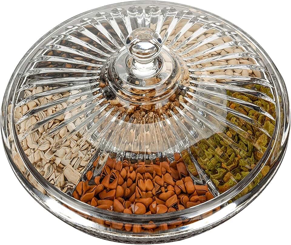 Creative Acrylic Multifunctional Party Snack Tray with Lid,Serving Dishes for Dried Fruits Nuts Candies Fruits,6-Compartment (Round)
