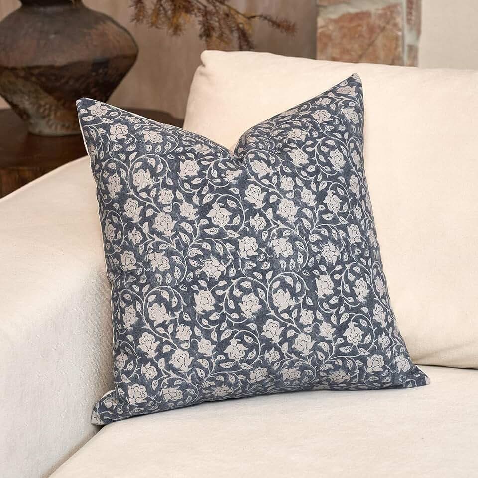 DOMVITUS Floral Pillow Covers, 24x24 Throw Pillows for Couch, Block Print Decorative Neutral Accent Pillow, 1PC, Dusty Blue