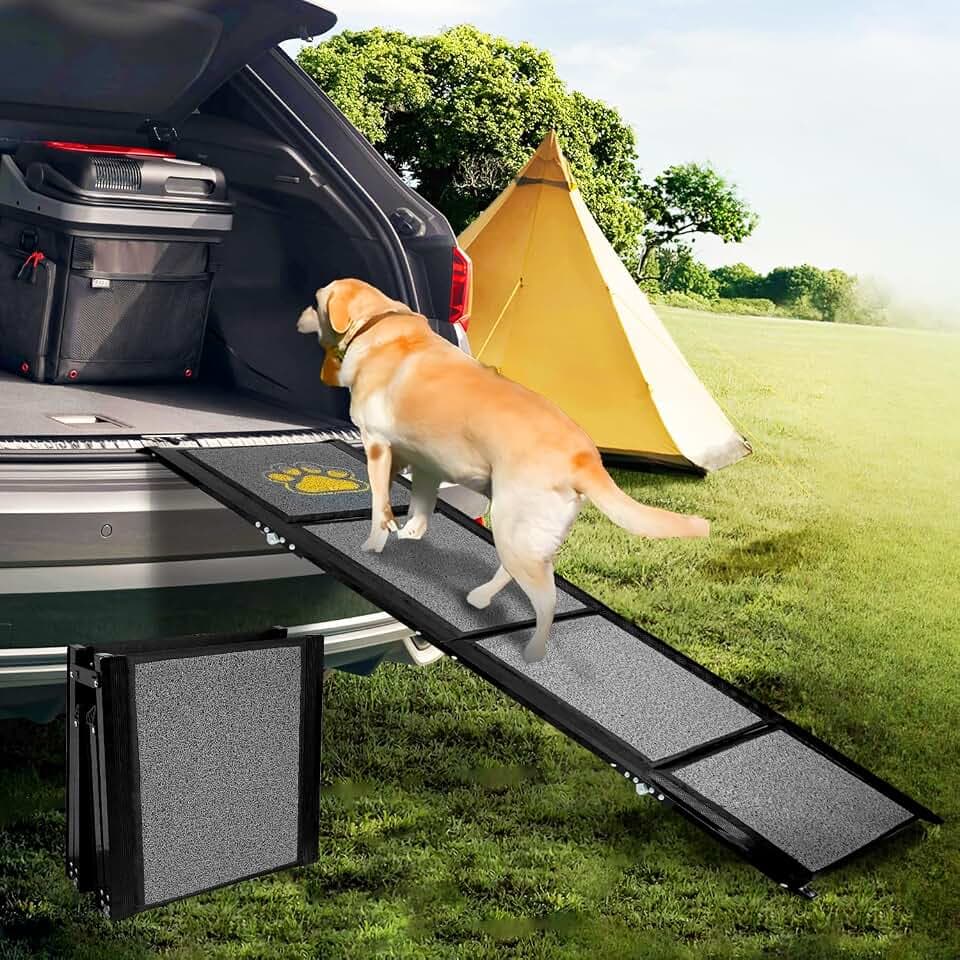 Hunderampe Auto Klappbar Extra Lang 170 cm Hundetreppe Auto mit Rutschfester Teppichoberfläche für Klein Mittel und Große Hunde Tragbare Rampe Hund für Auto SUV LKW Sofa und Bett