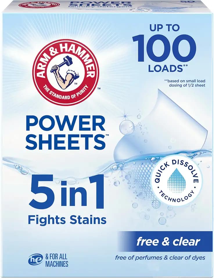ARM & HAMMER 5in1 Power Sheets Laundry Detergent, Free & Clear, 50 Count