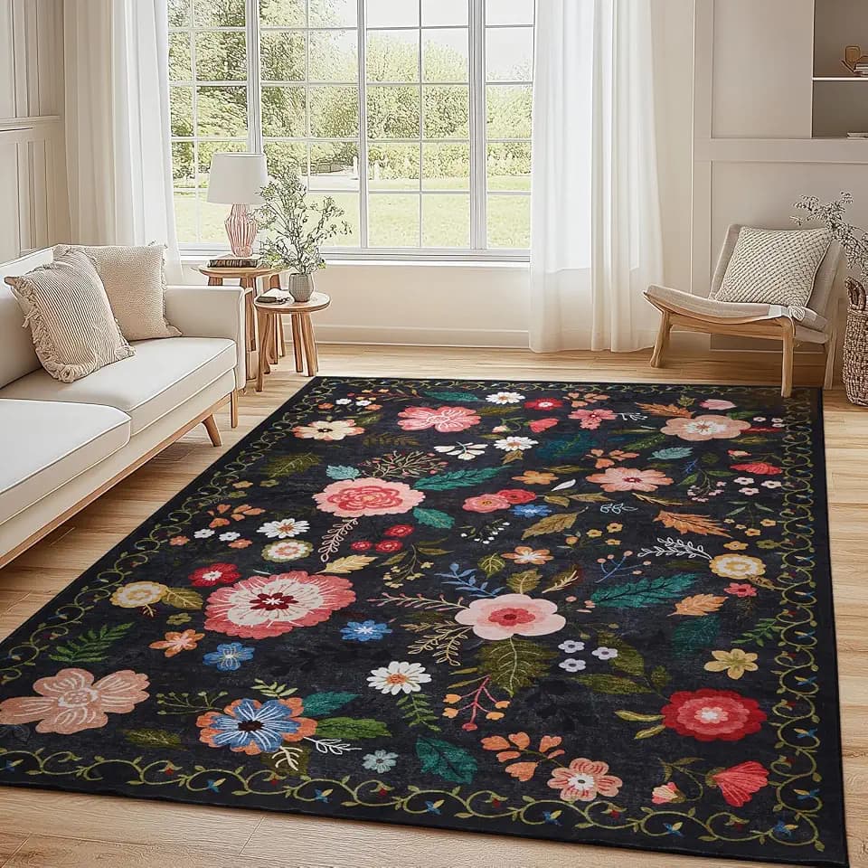 Waschbarer Wohnzimmerteppich Vintage Blumenmuster, 140x200cm, Schwarz