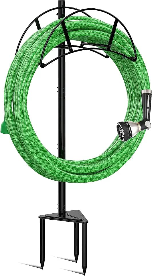 Meykwod Garden Hose Stand/Hanger Freestanding, Heavy Duty In-Ground Hose Rack Organizer for Outside Yard, Sturdy to Hold 150ft (Metal, Black)