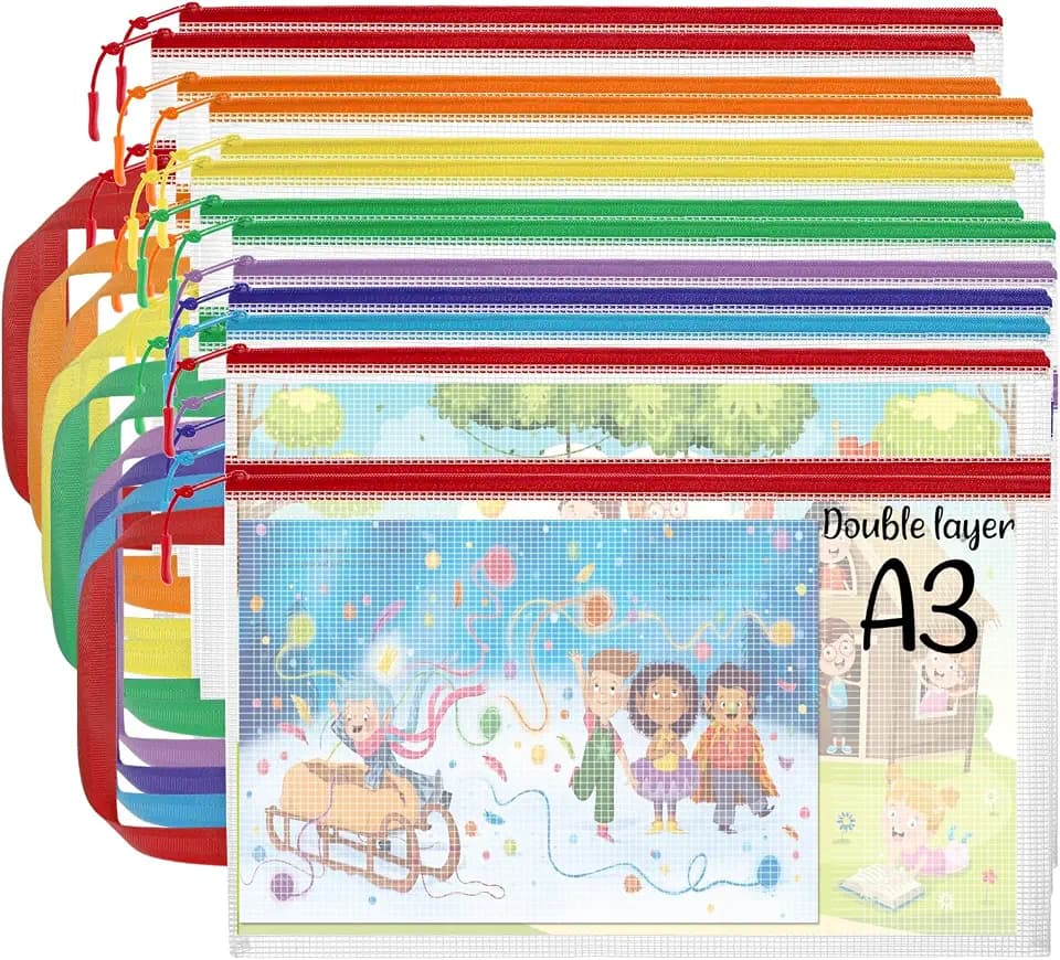 YOPCDJ Double Layers Mesh Zipper Pouch Bags A3 (17x12 in, 12 Pcs) 8 Colors Extra Large Zipper Bags, Waterproof File Pouches for Puzzles Board Game Teacher School Classroom Office Supplies Travel Bag