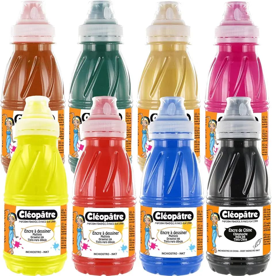 Cléopâtre Set mit 7 bunten Zeichnungen + 1 Tusche aus China, 8 Farben, Flaschen, mehrfarbig, Format 250 ml