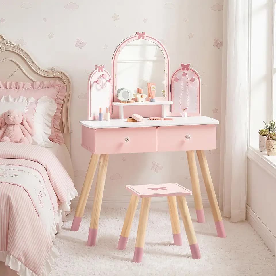 ROBUD Kinder Schminktisch mit Hocker aus Holz, Spiegel & Zubehör, Rosa