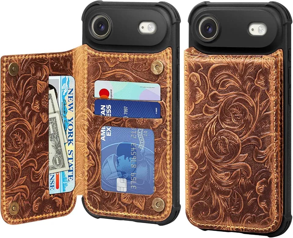 Wallet Real Leather Case Compatible with iPhone 17 Air 6.5" Brown