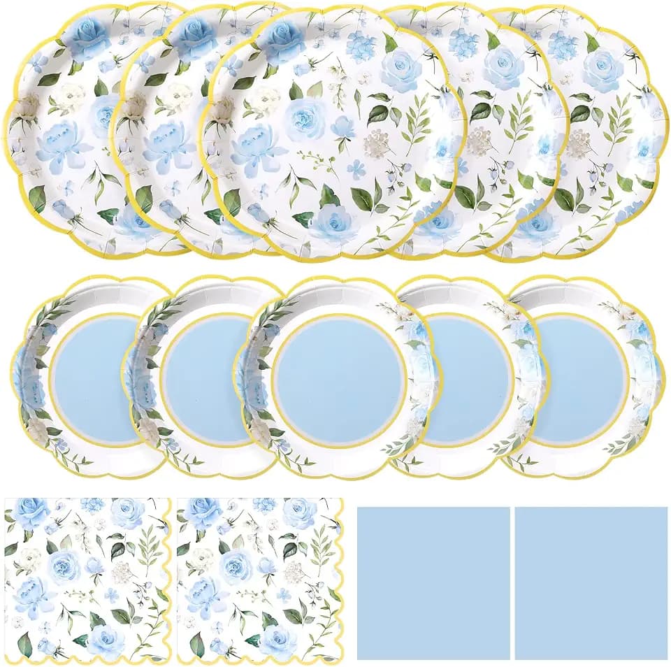 Funnymoom 200 Pcs Blue Floral Party Decorations Paper Plates Serve 50