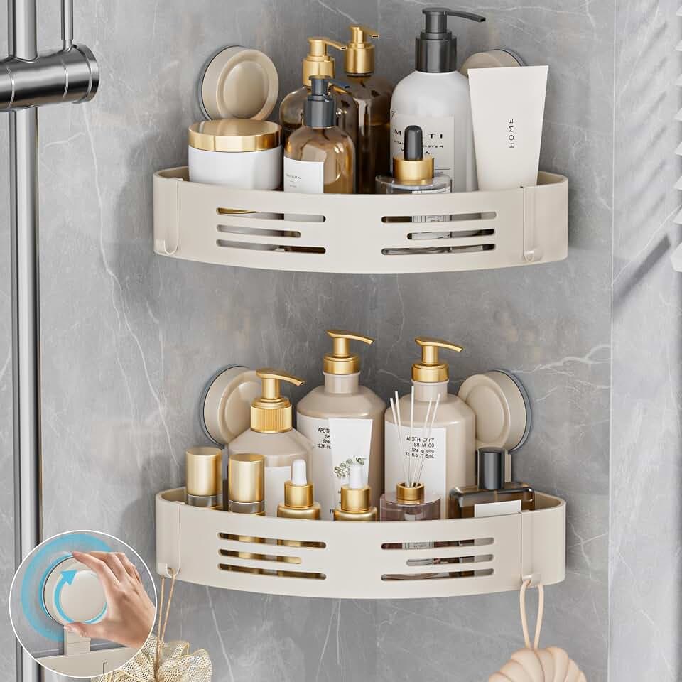 Duschablage Ohne Bohren Ecke 2er Set, Duschregal Saugnapf Mit 4 Haken