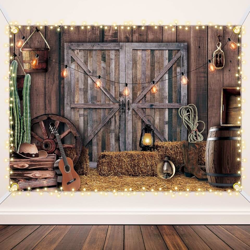 Western-Cowboy-Hintergrund, Western-Partyzubehör, Dekorationen, Wildwesten-Dekoration, rustikales Holzhaus, Scheune, Fotografie-Hintergrund für Kinder, Jungen, Baby-Geburtstagsbanner, Fotokabine