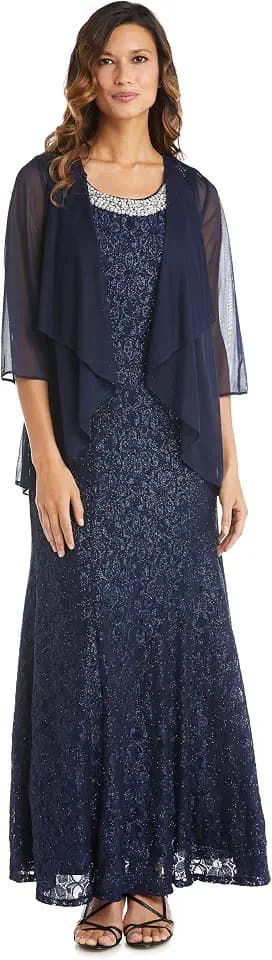 2-Piece Long Floral Glitter Lace Dress W/Beaded Neckline & Matte Chiffon Flyaway 3/4 Sleeve Jacket