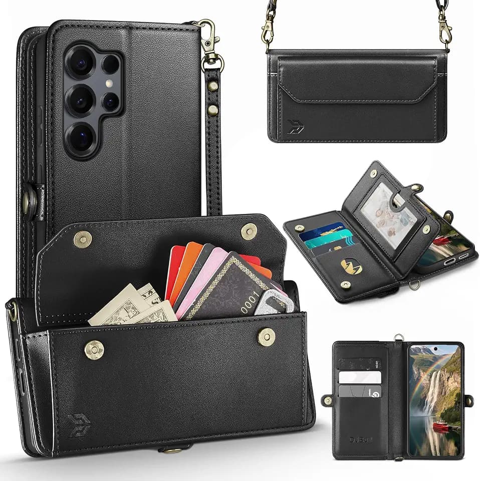 DJBull for Samsung Galaxy S25 Ultra Wallet Case with Card Holder, Shoulder and Wristlet Straps, Soft PU Leather, Magnetic Snap, Flip Phone Case for Women Men for Samsung S25 Ultra Black