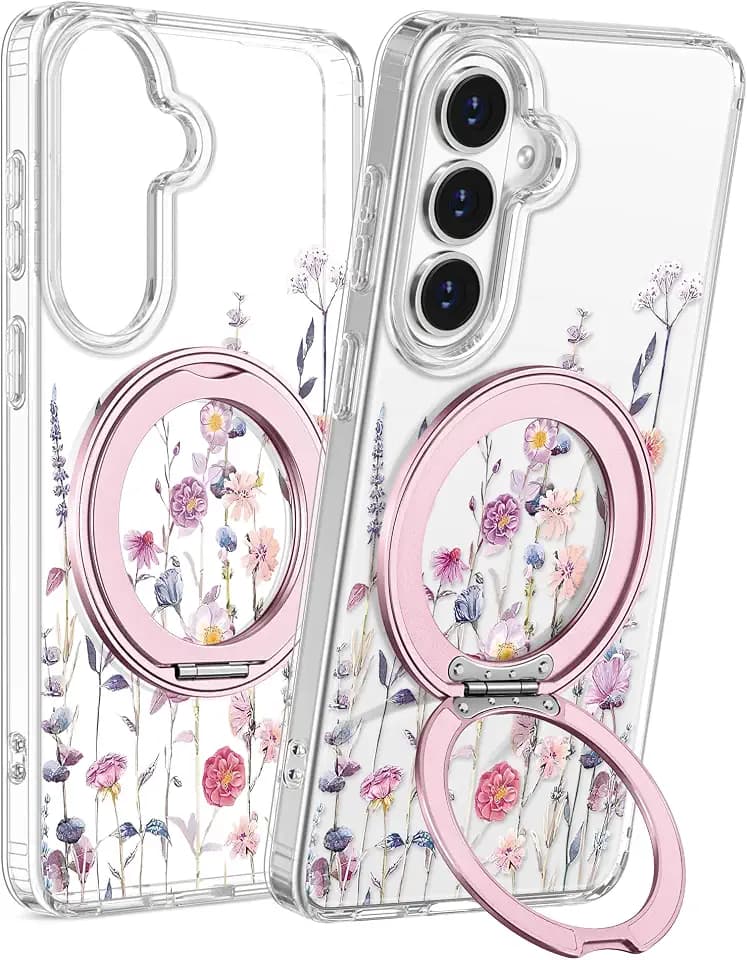 for Samsung Galaxy S26 Case with Stand - Cute Soft TPU Clear Phone Cover for Women Girls Compatible with Magsafe Girly Unique Design with Magnetic Ring for S26, Purple Flower