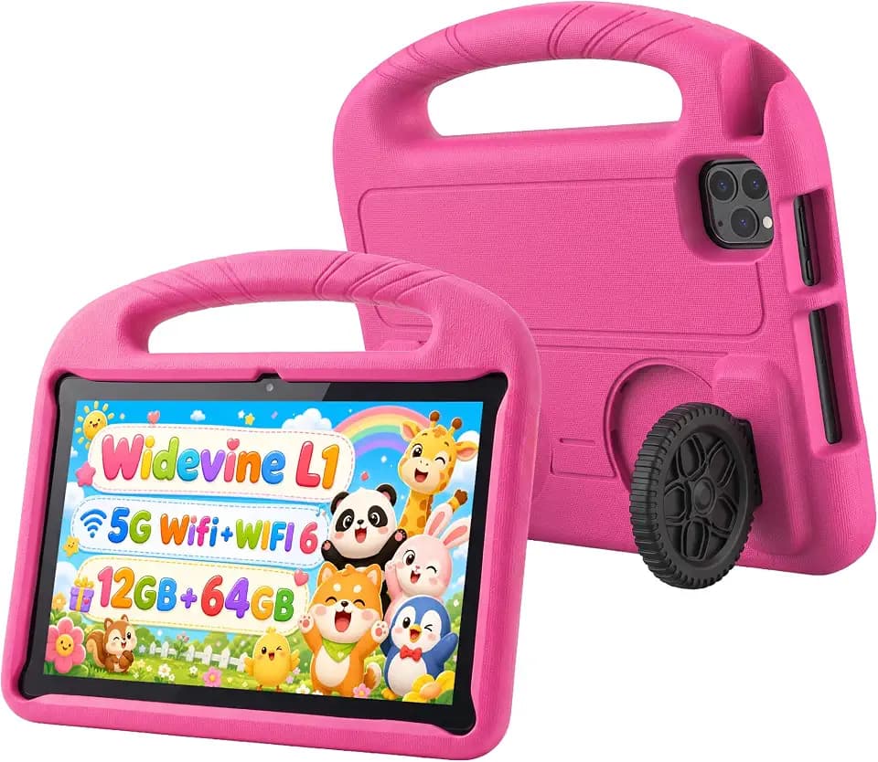 Kids Tablet 10 inch,Android 15 Tablet with EVA Case(Rose Red)