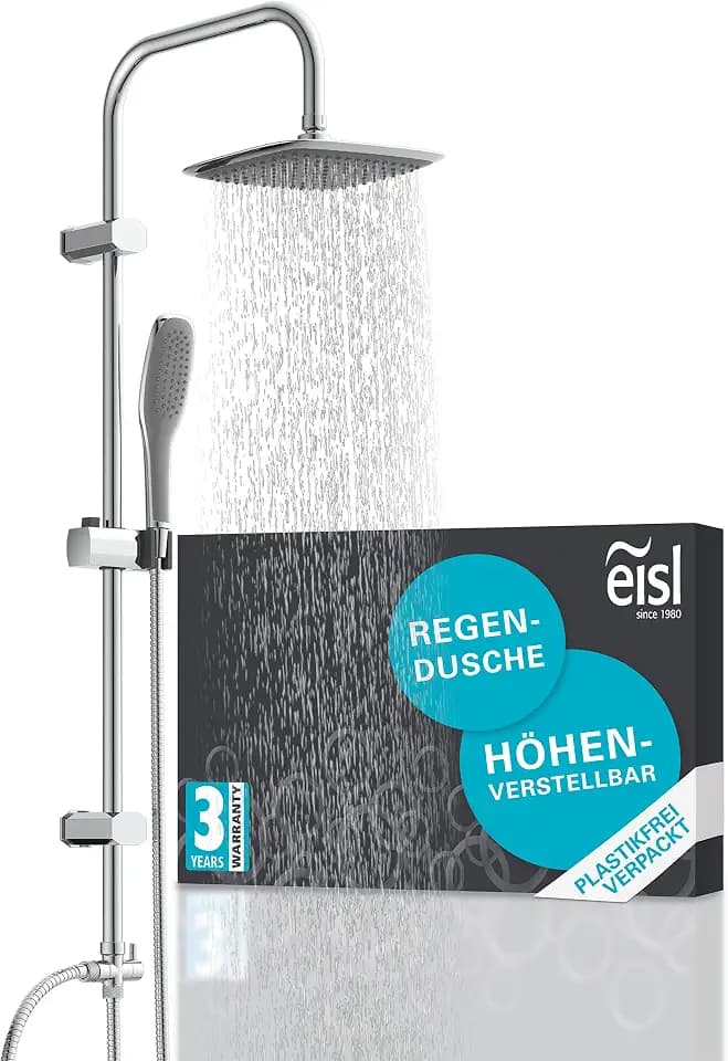 EISL Duschset EASY FRESH, Duschsystem ohne Armatur 2 in 1 mit großer Regendusche (250 x 200 mm) und Handbrause, Regendusche ohne Armatur ideal zum Nachrüsten, komplettes Montageset, Chrom DX12006