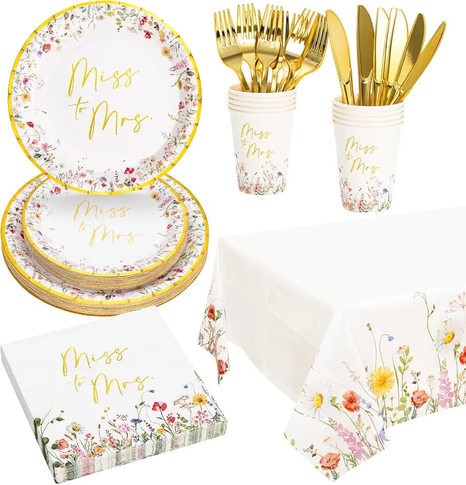 Crisky Bridal Shower Plates and Napkins Gold Miss to Mrs Floral Disposable Paper Tableware Set of 24 for Wedding Bridal Shower Decorations (9" & 7" Plates, Napkin, Cups, Tablecloth, Knife & Fork)