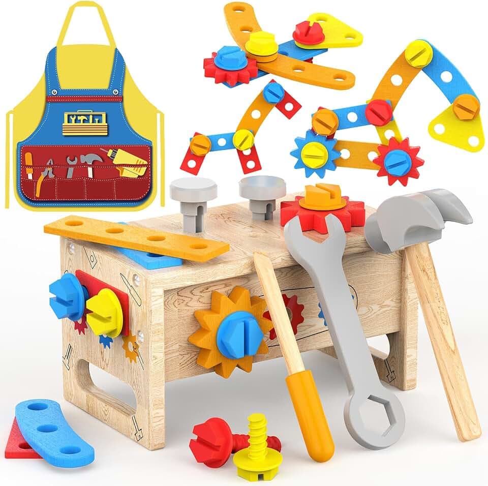 Montessori Toys for 2 Year Old Boy - Wooden Kids Tool Set with Apron