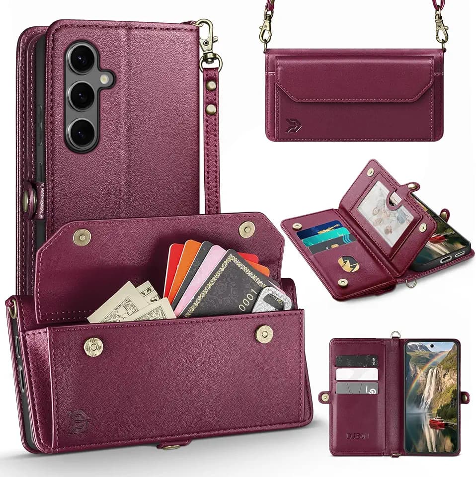 DJBull for Samsung Galaxy S25 Wallet Case with Card Holder, Shoulder and Wristlet Straps, Soft PU Leather, Magnetic Snap, Flip Phone Case for Women Men for Samsung S25 Wine Red