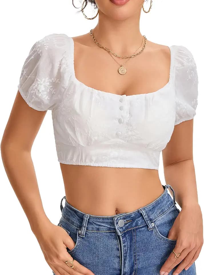 Dirndl Bluse Damen,Kurzarm Schulterfrei Weiß Kurzarm Dirndlbluse Bayrische Tracht Bluse für das Oktoberfest