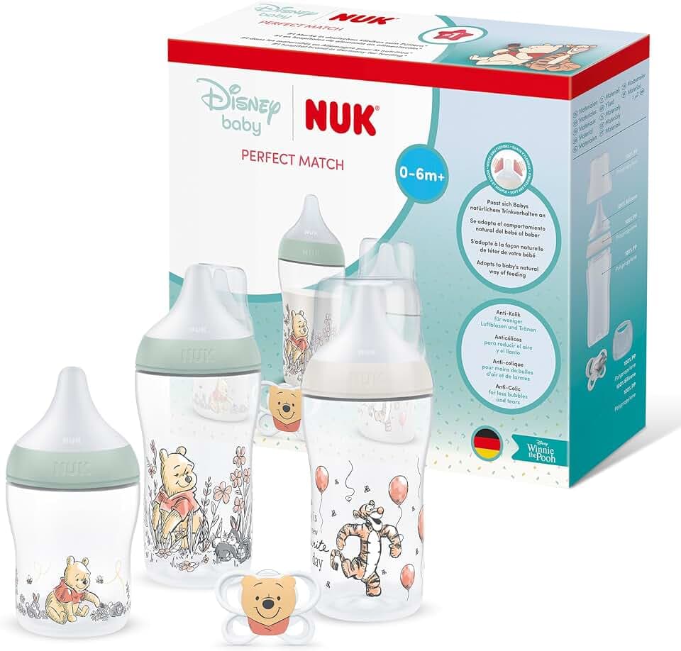 NUK Perfect Match Babyflaschen & Schnuller Geschenkset für Neugeborene | 0–6 Monate | 3 x Anti-Kolik-Flaschen (150 ml, 260 ml), 1 x Perfect Match Air Schnuller | Disney Winnie Puuh | 4 Stück
