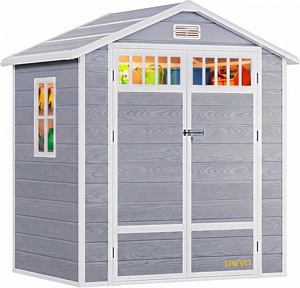 DWVO 6x4.4 FT Outdoor Storage Shed with Fence-Style and Side Windows, Lockable Door and Vents, Resin Storage Shed, Tool Shed for Garden Backyard Patio Lawn, Gray