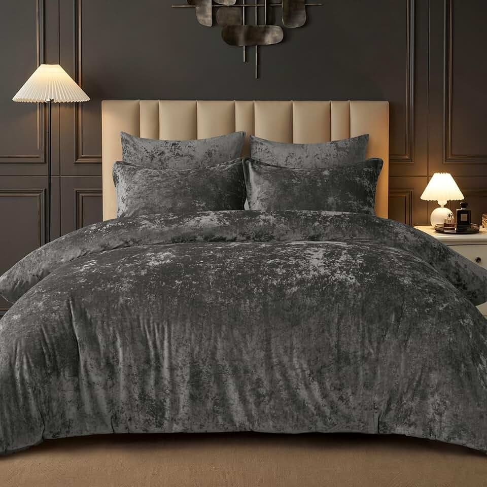 PHF Crushed Velvet Comforter Queen Grey, 5-Pc Winter Set