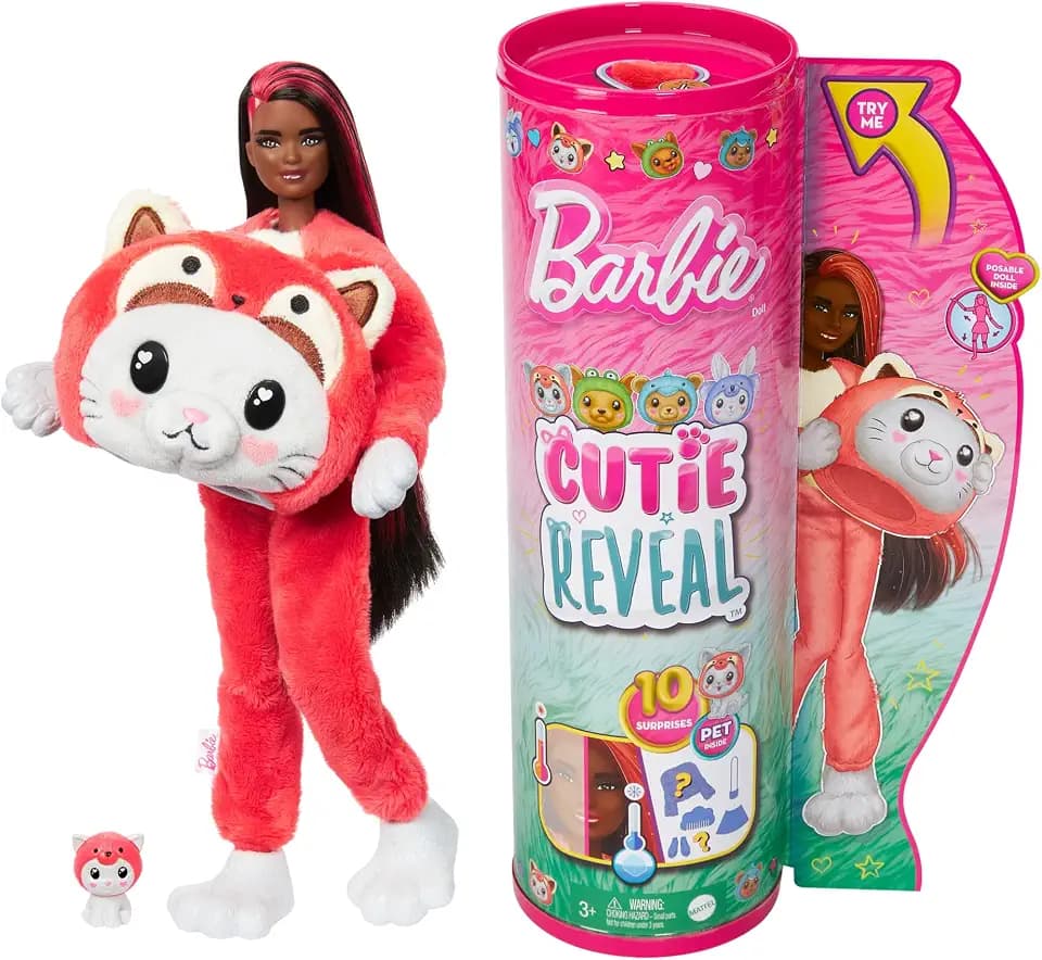 Barbie Cutie Reveal Puppe - 10 Überraschungen, Plüschtierfreunde, Outfits und Farbwechselspaß, Roter-Panda-Plüschkostüm, Zubehör und Mini-Haustier, für Kinder ab 3 Jahren, HRK23