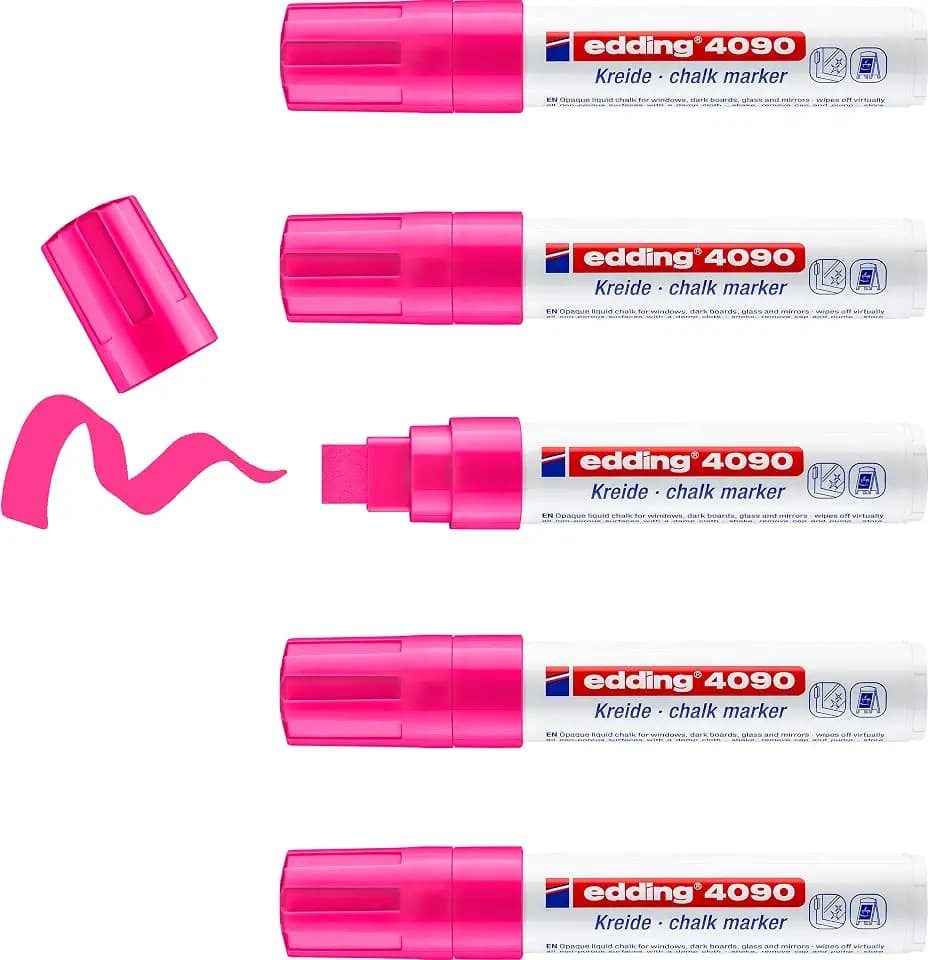 edding 4090 Kreidemarker - neon-pink - 5 Kreidestifte - Keilspitze 4-15 mm - breiter Kreidestift für Tafel abwischbar - zum Beschriften von Fenster, Glas, Spiegel - Tafelstift mit deckenden Farben