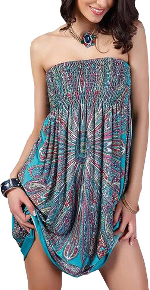 Strandkleid für Damen, ärmellos, trägerlos, Ethno-Stil, Boho-Stil, schulterfrei, Blumenmuster, Bandeau, lässiges Minikleid Gr. Einheitsgröße, Farbe