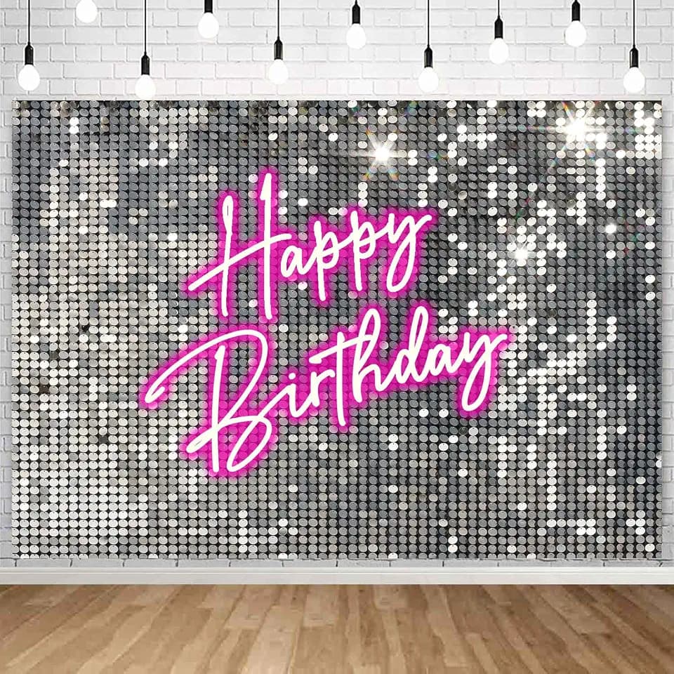 Withu Silver Sequins Pink Neon Happy Birthday Backdrop for Girls Women