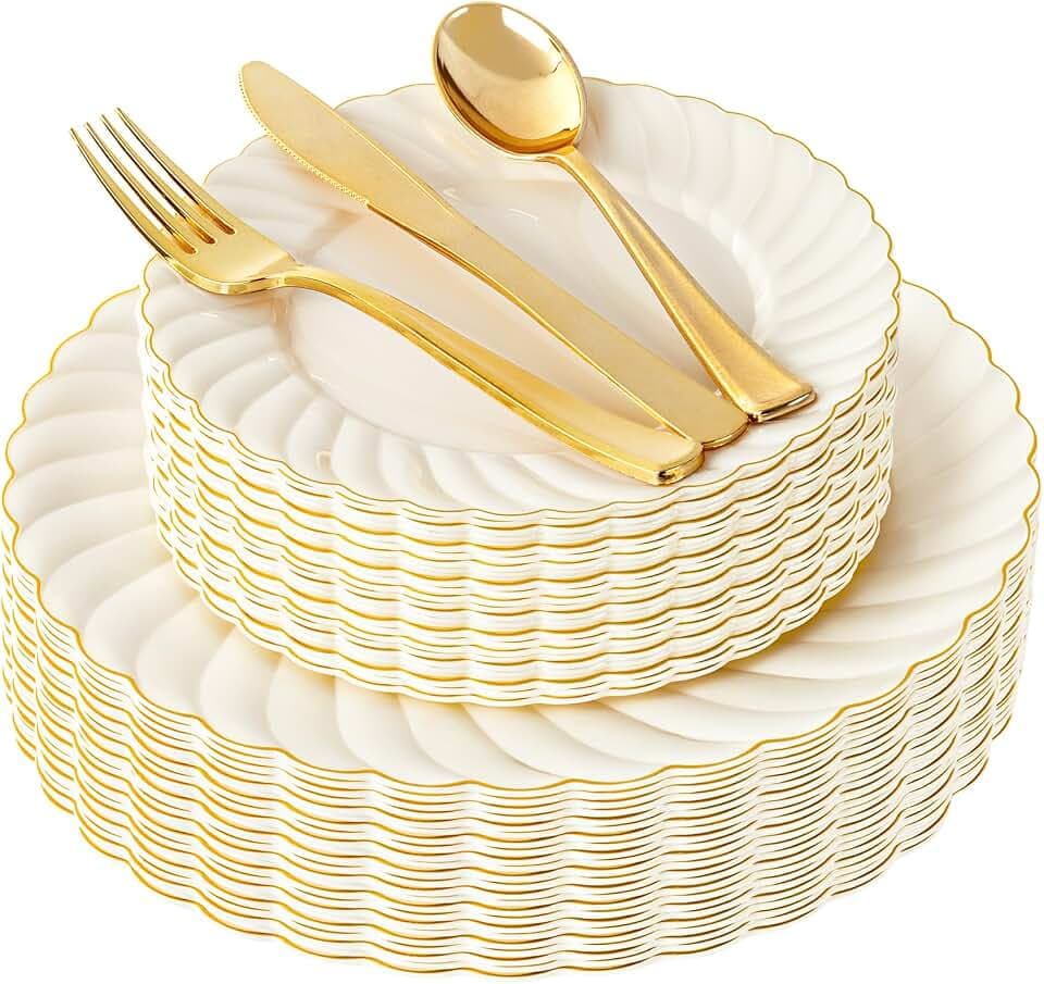 YOUBET 125PCS Ivory Scalloped Plastic Plates for Party Wedding