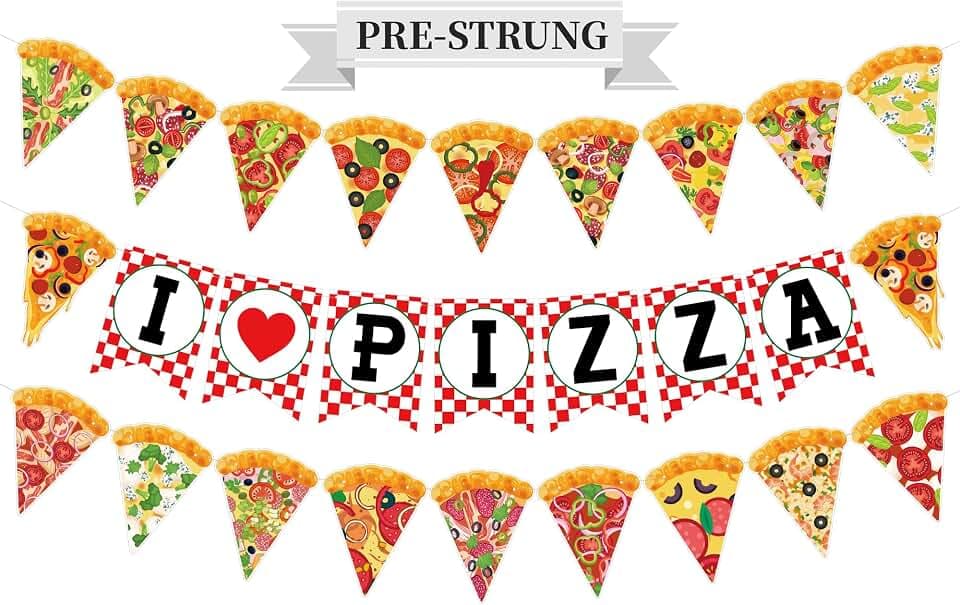 Versatile Pizza Party Banner – Pack of 3, Pre-Strung, with Pizza Slices & I LOVE PIZZA Letters, Perfect for Any Party with Pizza – Birthdays, Dorm Parties, Game Nights & Office Celebrations