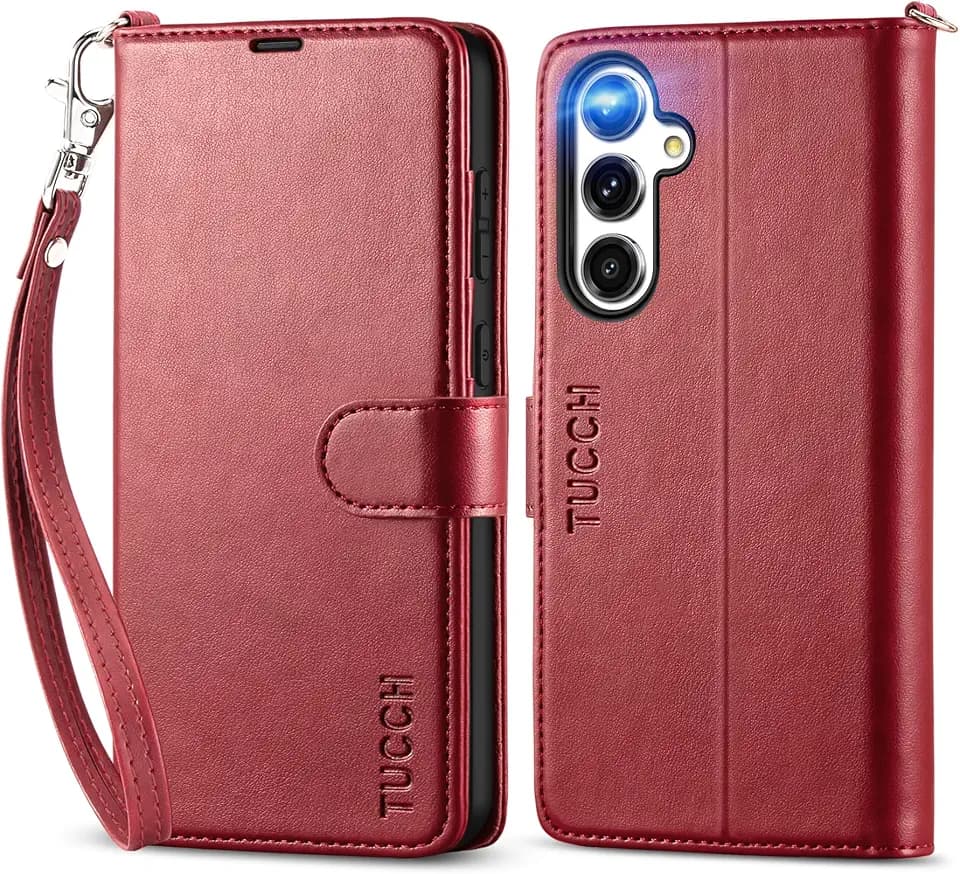 TUCCH Wallet Case for Galaxy S24 FE, Lanyard [Wriststrap] Magnetic PU Leather Stand [RFID Blocking] Card Slot Flip Cover with TPU Inner Case Compatible with Galaxy S24 FE 6.7", Dark Red with Wristlet