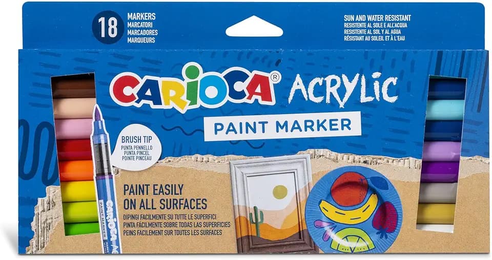 CARIOCA Acrylfarbenmarker zum einfachen Malen auf allen Oberflächen – Pinselspitze, hochdeckende Tinte auf Wasserbasis, trocknet nicht (Box mit 18 Acrylmarkern)