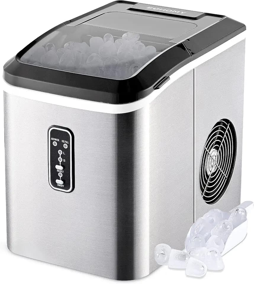 EUHOMY Compact Potable Electric Ice Maker Machine with Ice Scoop and Basket - Countertop, 27 lbs in 24 Hours, 9 Cubes Ready in 8 Mins. Perfect for Home/Kitchen/Office.(Sliver)