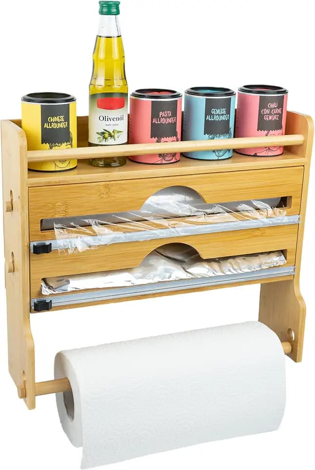 Küchenrollenhalter aus Holz [ohne Bohren] Wandrollenhalter für Küchenrolle, Alufolie & Frischhaltefolie - Kitchen Organizer mit extrem scharfen Klingen – einfache Montage & Handhabung