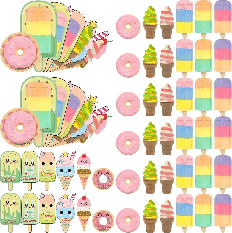 90 Pcs Ice Cream Sidewalk Chalk Set End of Year Gifts with 30 Cards 30 Bags Ice Cream Party Favors Summer Party Favors for Washable Outdoor Chalk for Classroom Rewards & Birthday Goodie Bags