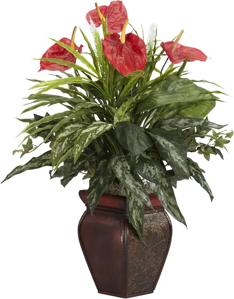 Nearly Natural 26 in Artificial Mixed Greens and Anthurium with Vase