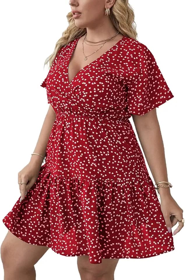 Floerns Women's Plus Size V Neck Short Sleeve Ruffle Hem A Line Short Dress