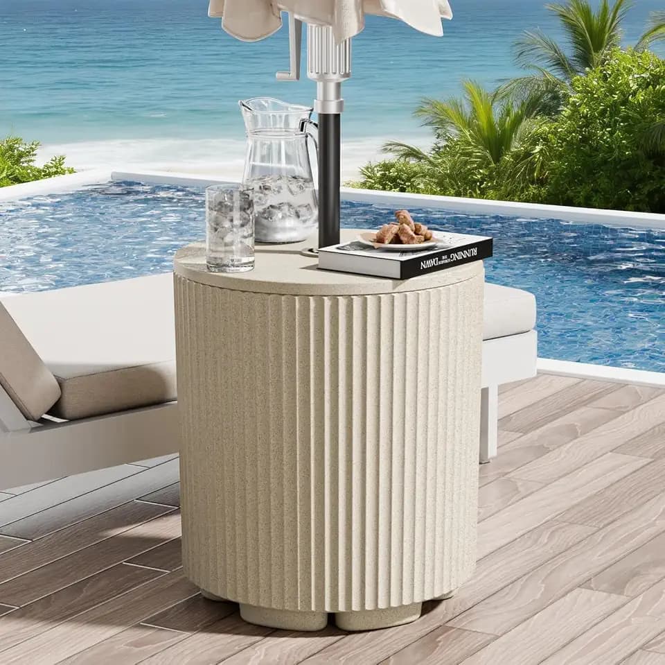 Outdoor Umbrella Stand with Hole, Umbrella Side Table, Beige