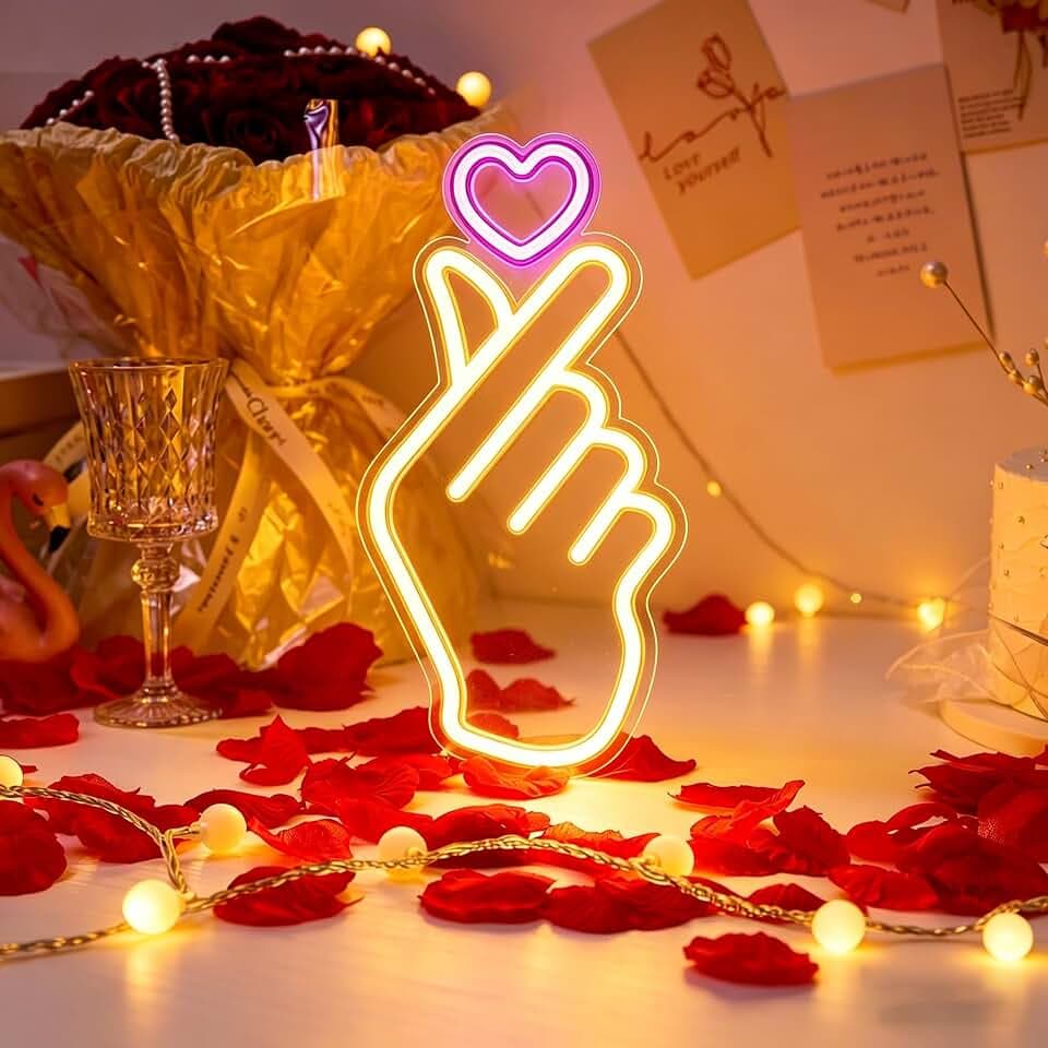 Finger Heart Neon Signs - Heart Thumb South Korean Novelty LED Neon Light for K-pop & K-drama Fans - Korean Saranghae Love Cute Symbol for Wall Bedroom, Game Room Decor