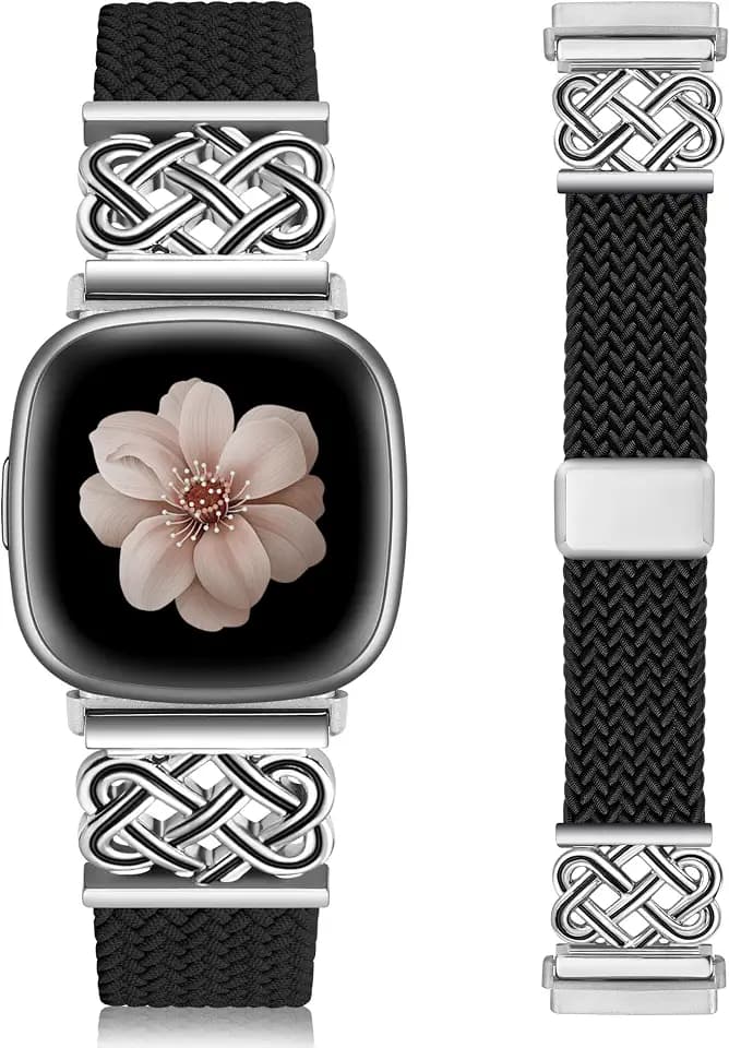 TOYOUTHS Braided Magnetic Band Compatible with Fitbit Versa 4 3/Fitbit Sense 2 1 Bands Women, Dressy Celtic Metal Stretchy Elastic Nylon Fabric Woven Strap for Versa 3 4 Sense 2 Smartwatch