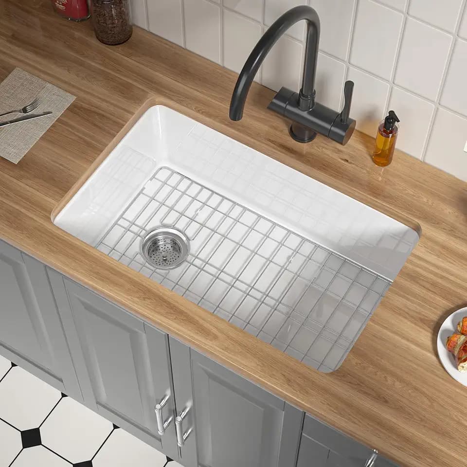 30 Inch White Fireclay Undermount Kitchen Sink Offset Drain