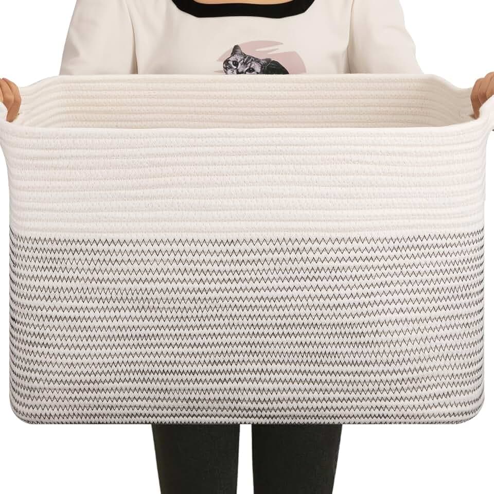 OIAHOMY Large Blanket Basket, 65L Cotton Rope Woven Laundry Basket, Toy Bin for Baby Room, Container for Blanket Storage in Living Room, 20''×16''×12'', Black & White