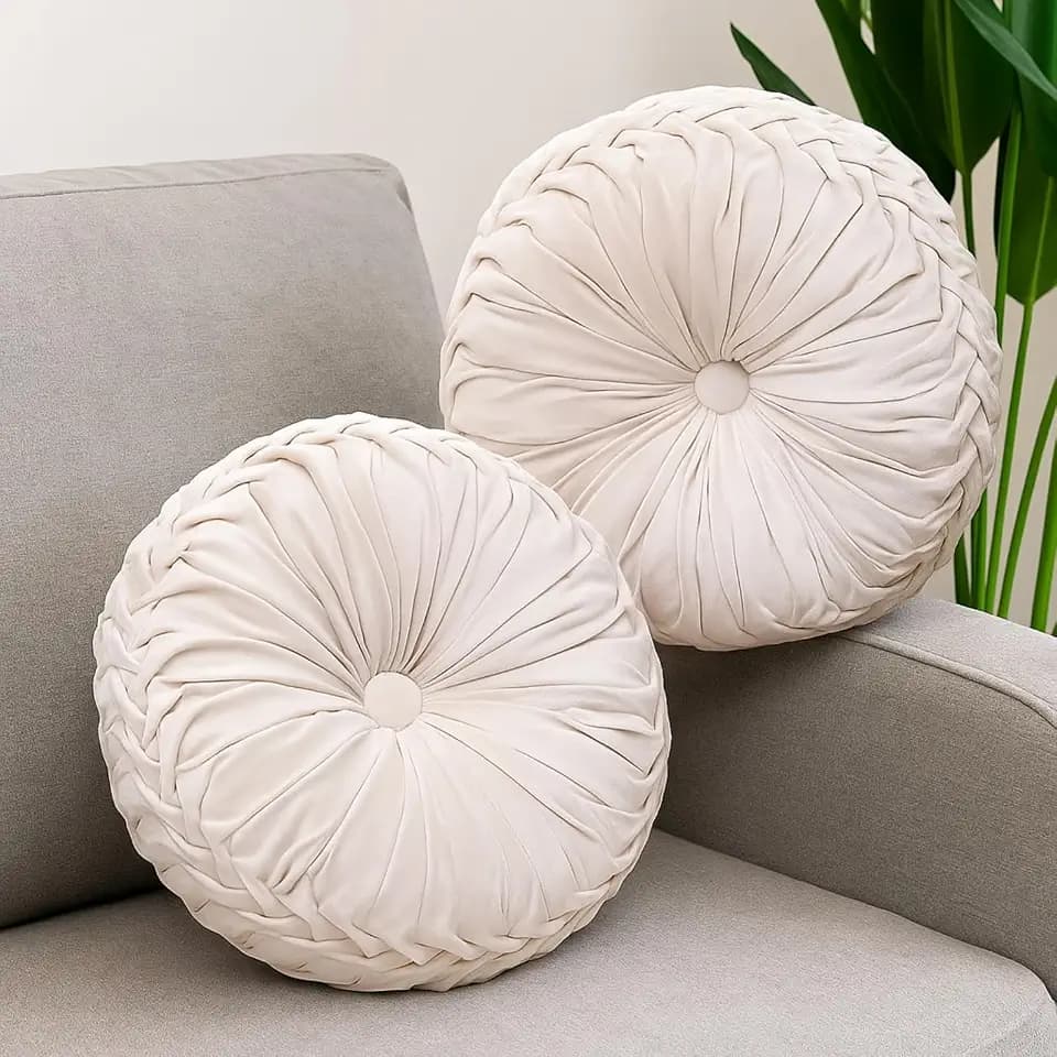 Beeveer 2 Pcs Round Throw Pillows Velvet Pleated Pillows, Ivory
