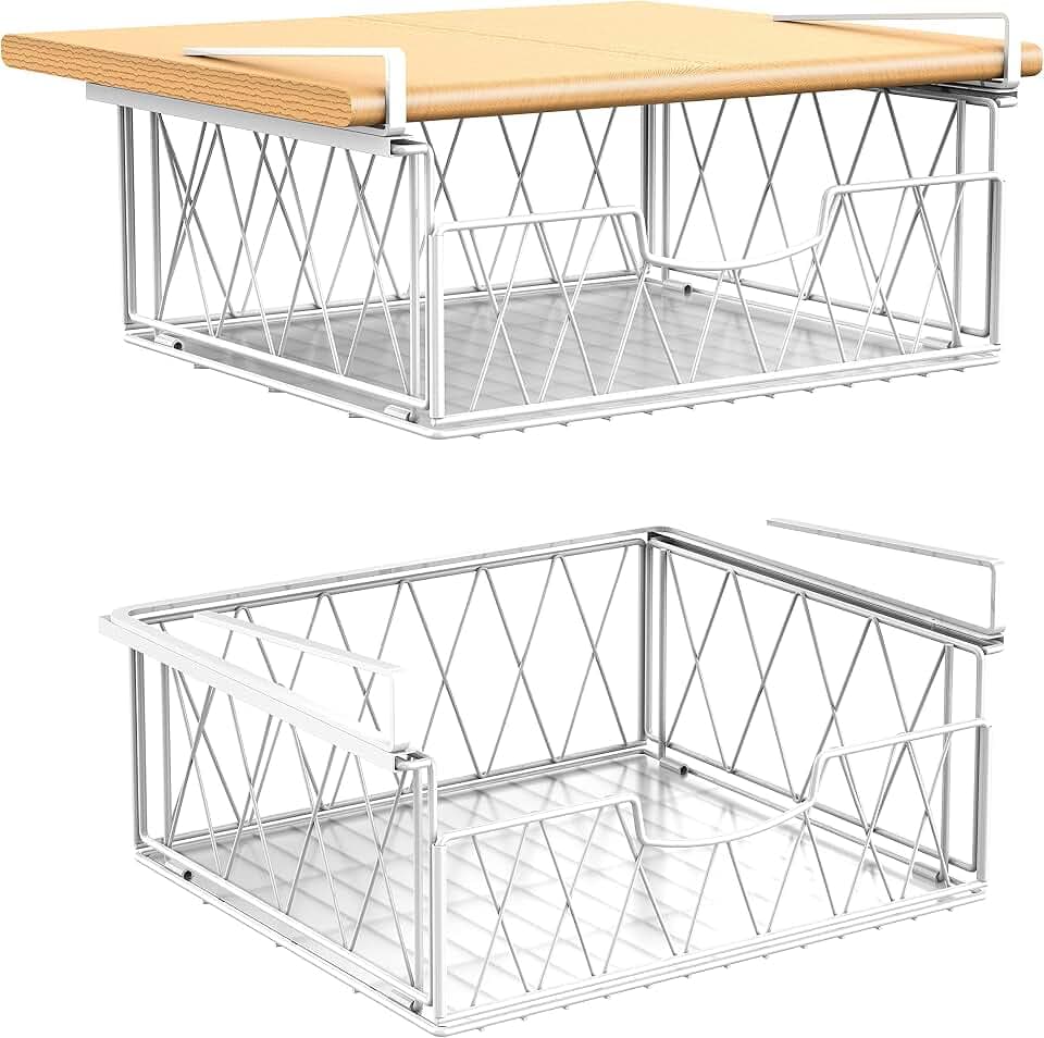 Bomclap Unterregal Aufbewahrungskorb, 2 Stück Hängekorb Regal aus Metall, Unter Schrank Lagerung Organizer, Hängender Aufbewahrungskörbe für Küche, Speisekammer, Büro, Schreibtisch, Bücherregal, Weiß